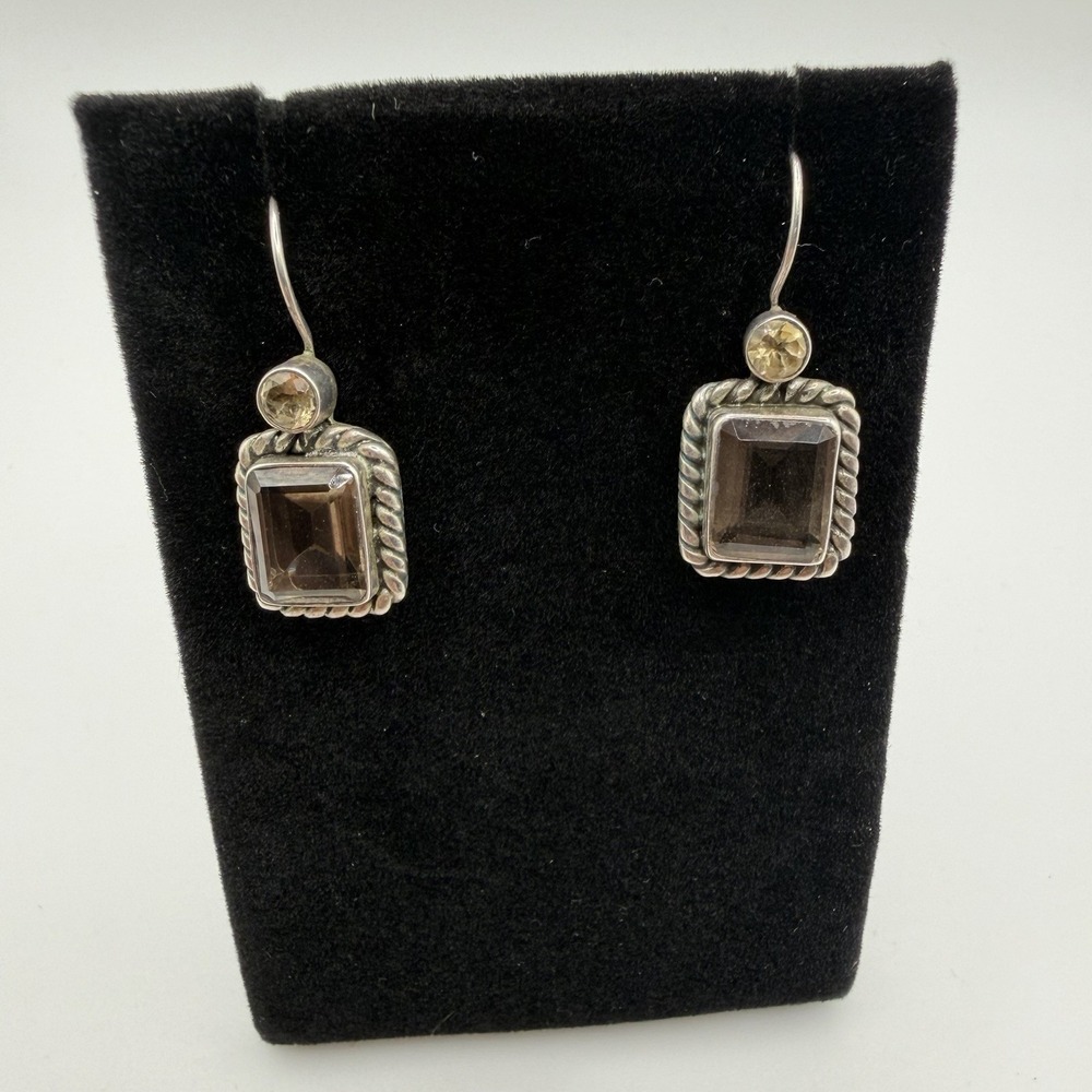 Vintage SU 925 Sterling Silver Smoky Quartz Citrine Drop Earrings Sunstone Bali